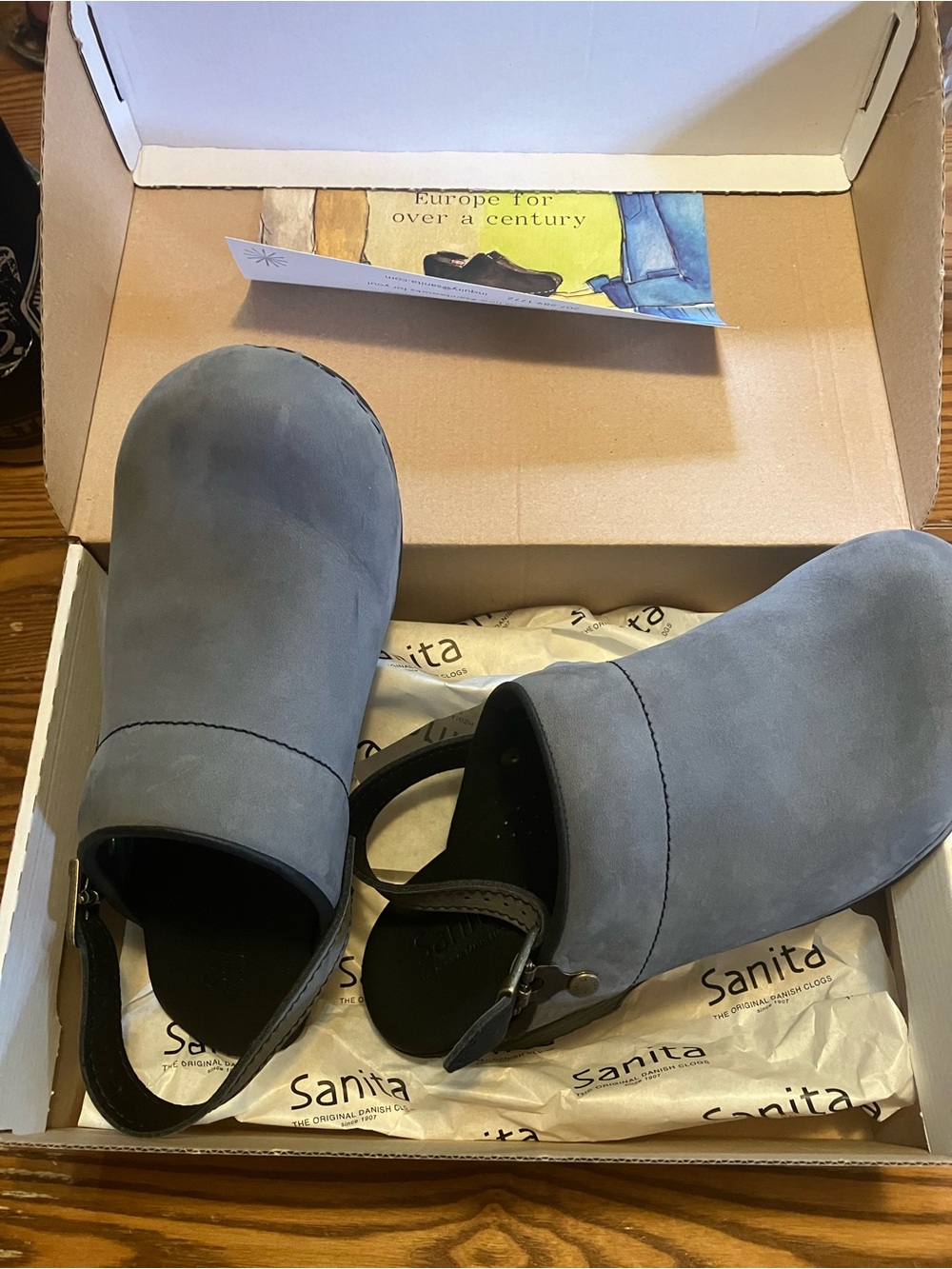 Sanita Slate Blue Suede Slip-On Clogs with Heel Strap
